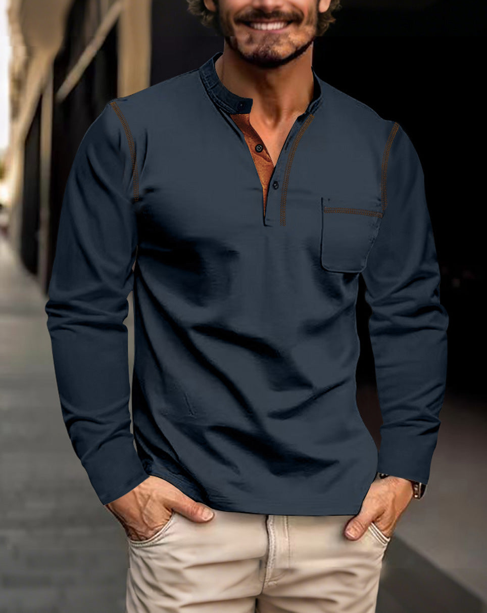 Men's Long Sleeve Henley with Contrast Trim