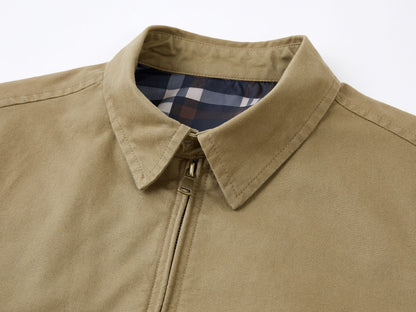 Men's Cotton Utility Jacket Spring & Fall Casual Solid Color Loose Fit Workwear Style Coat with Plaid Lining