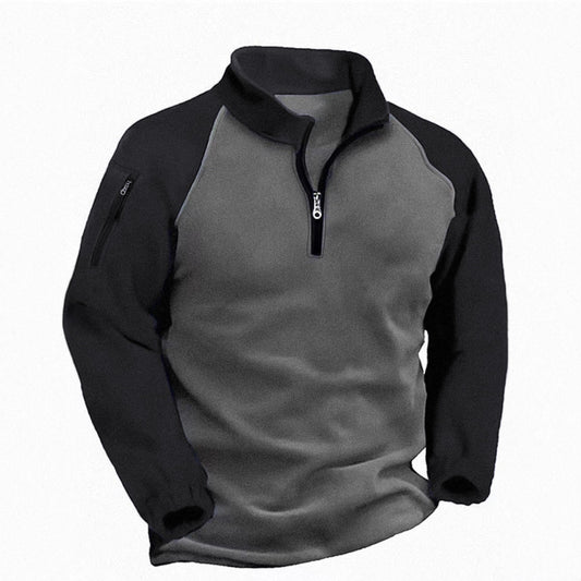 Men's Tactical Quarter-Zip Fleece Pullover - Color Block Stand Collar Sweatshirt for Outdoor & Casual