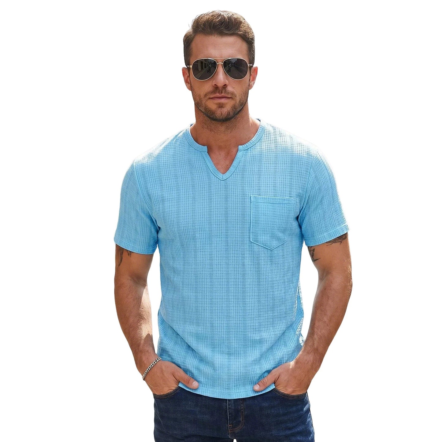Men's Summer Henley T-Shirt - Slim Fit Linen-Like Breathable Casual Tee