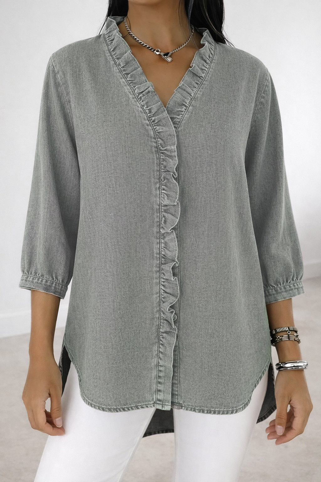 Women's Ruffle V-Neck Chambray-Look Blouse, 3/4 Sleeve Casual Denim-Style Shirt with High-Low Hem