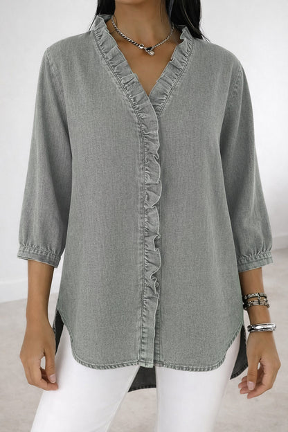 Women's Ruffle V-Neck Chambray-Look Blouse, 3/4 Sleeve Casual Denim-Style Shirt with High-Low Hem