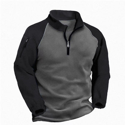 Men's Tactical Quarter-Zip Fleece Pullover - Color Block Stand Collar Sweatshirt for Outdoor & Casual
