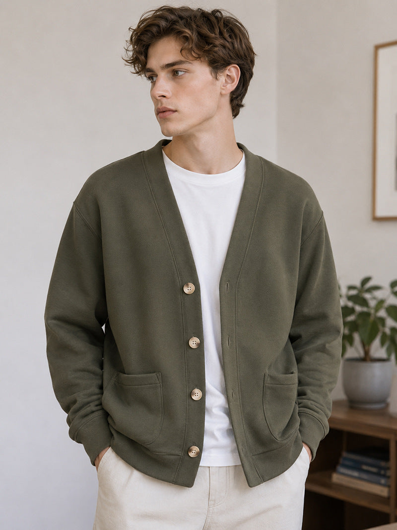 Men's Brushed Fleece V-Neck Cardigan Sweater
