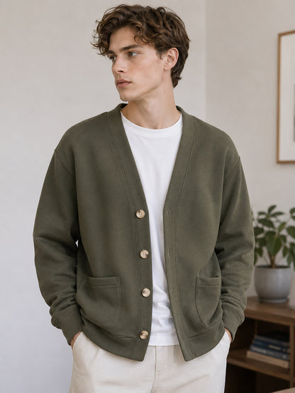 Men's Brushed Fleece V-Neck Cardigan Sweater