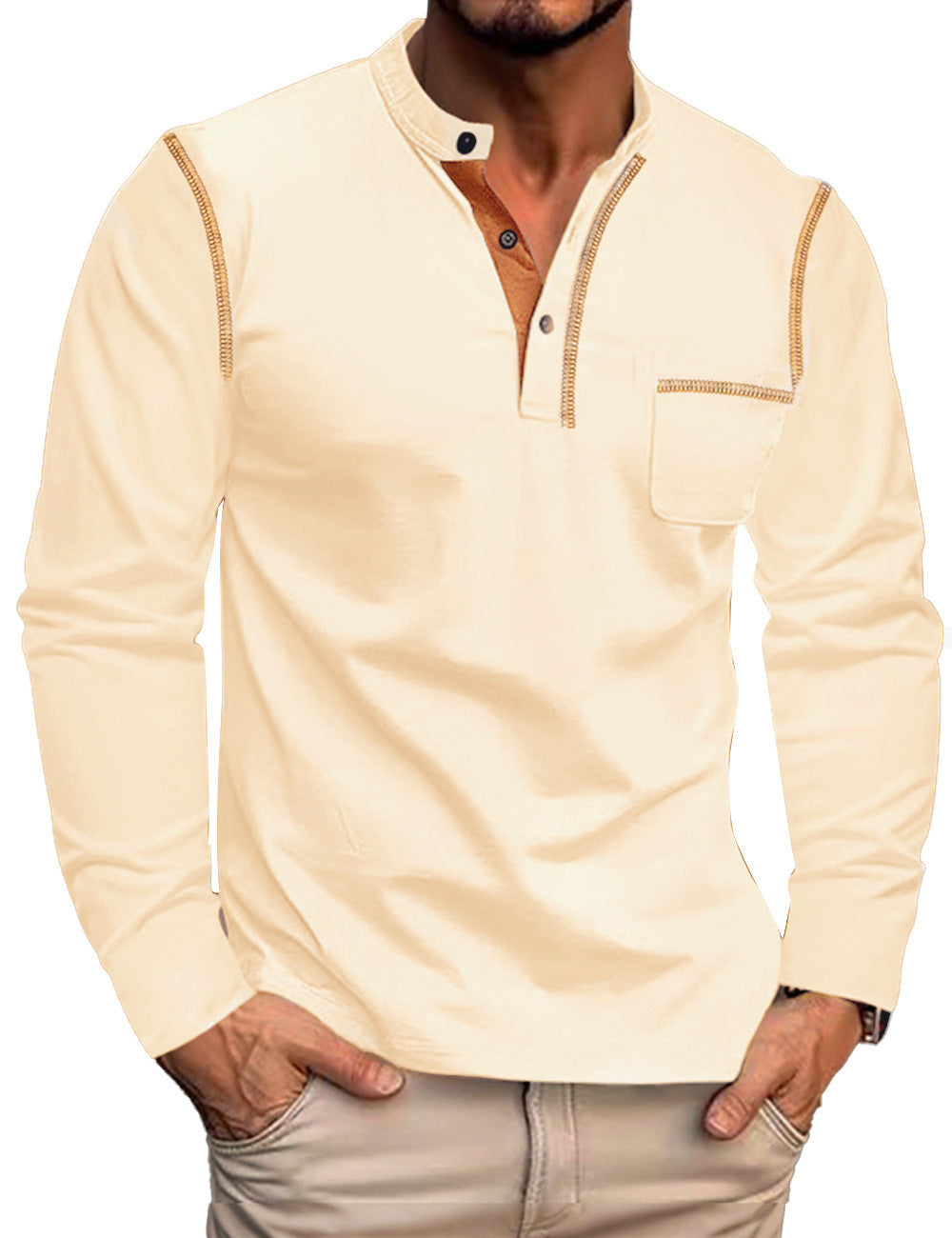 Men's Long Sleeve Henley with Contrast Trim