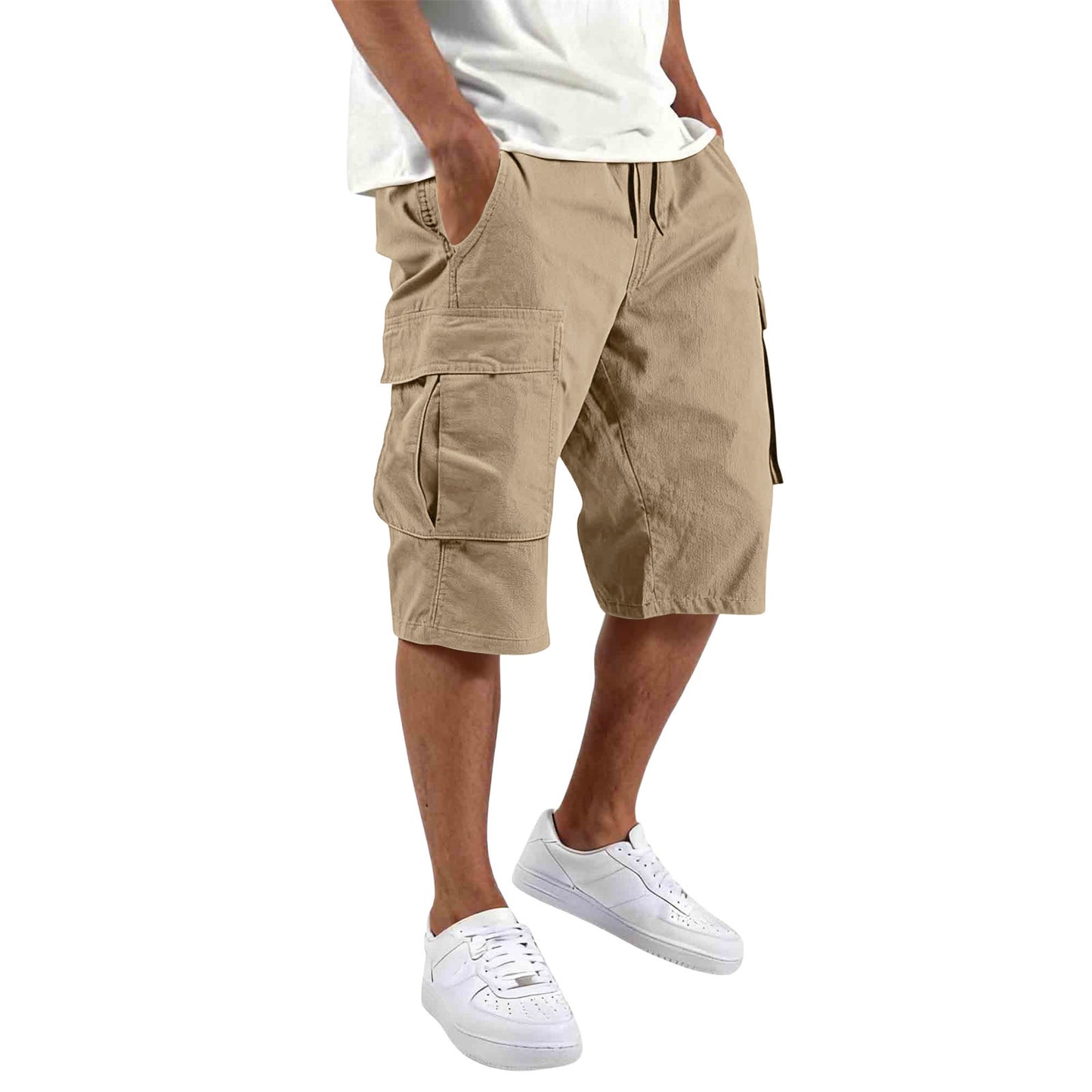Men's Cotton Casual Cargo Shorts with Drawstring and Pockets