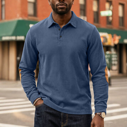 Men's Corduroy Quarter Placket Pullover – Leather Elbow Patches for Spring & Fall