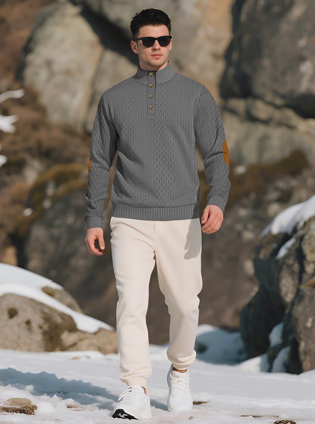 Men's Quarter-Zip Jacquard Sweater - Long Sleeve Mock Neck Pullover with Elbow Patches