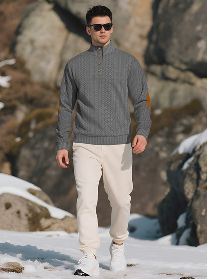 Men's Quarter-Zip Jacquard Sweater - Long Sleeve Mock Neck Pullover with Elbow Patches