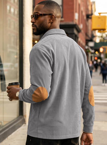 Men's Corduroy Quarter Placket Pullover – Leather Elbow Patches for Spring & Fall