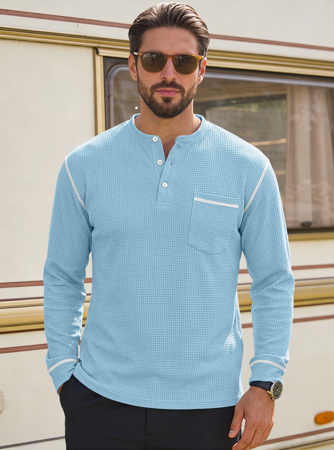 Men's Waffle-Knit Henley Long Sleeve Shirt - Casual Slim Fit Tops with Contrast Trim