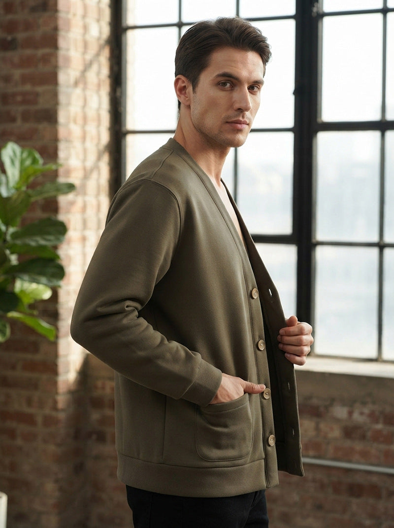 Men's Brushed Fleece V-Neck Cardigan Sweater
