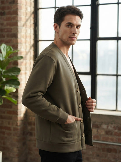 Men's Brushed Fleece V-Neck Cardigan Sweater