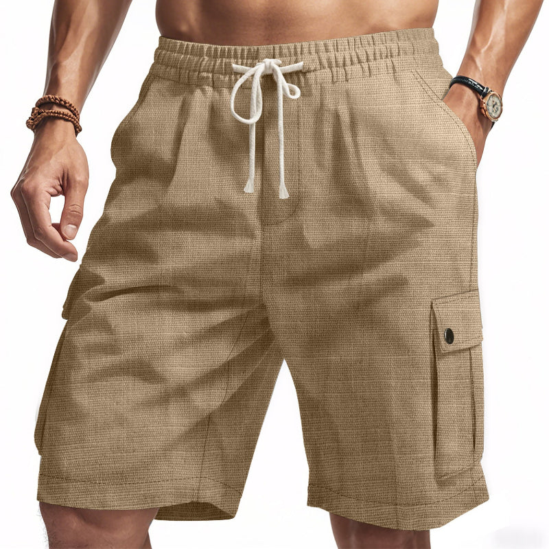 Men Linen Elastic Waist Casual Cargo Shorts