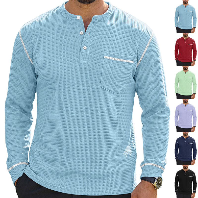 Men's Waffle-Knit Henley Long Sleeve Shirt - Casual Slim Fit Tops with Contrast Trim