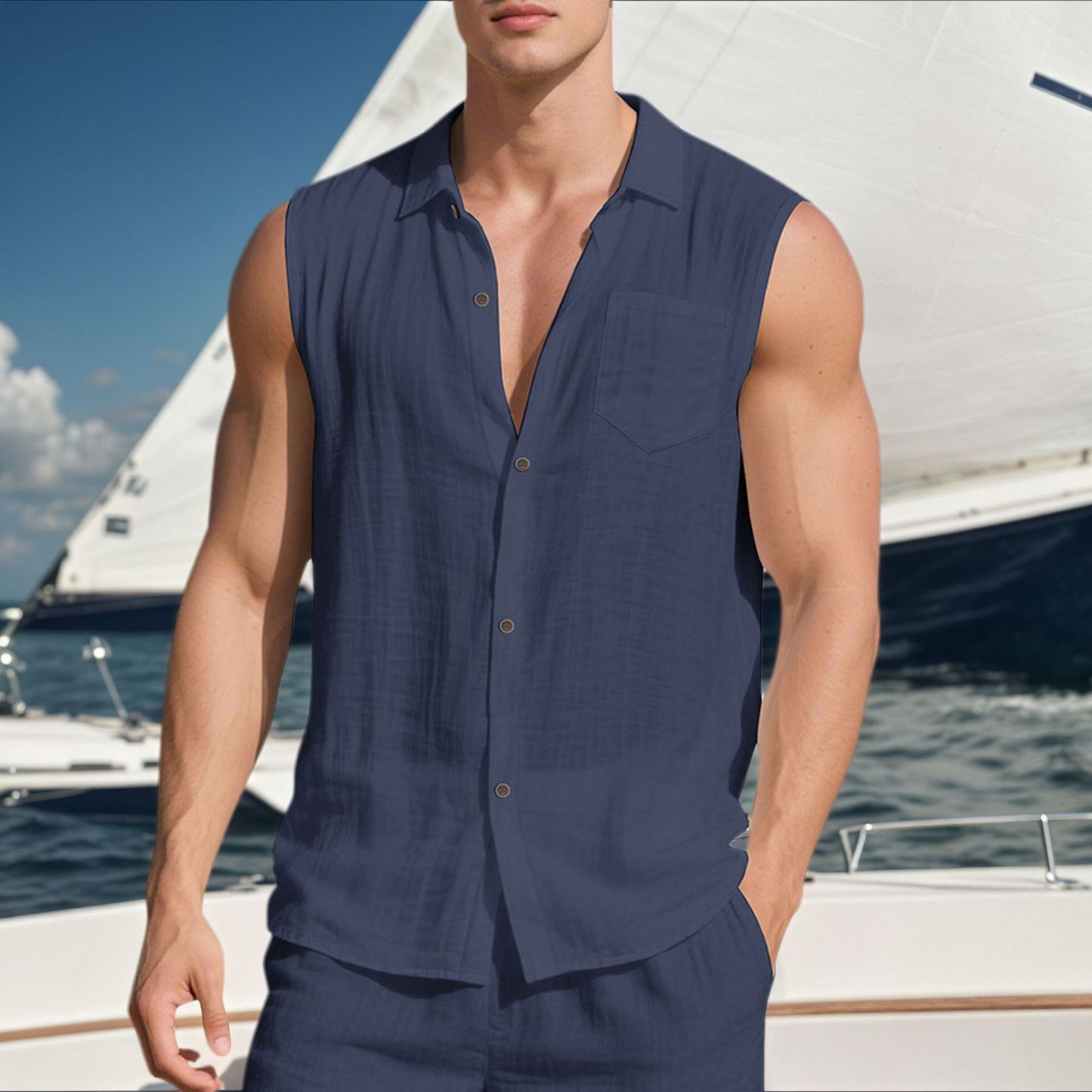 Men's Summer Trendy Linen Sleeveless Button Down Shirt