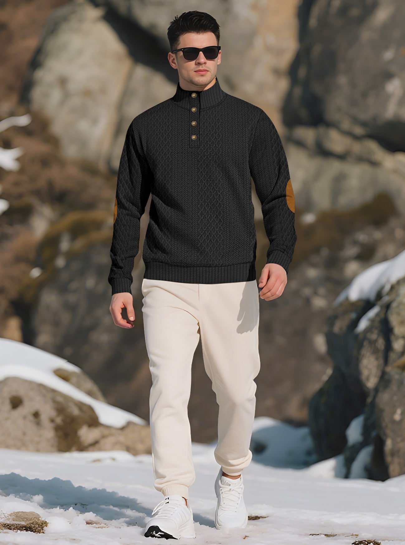 Men's Quarter-Zip Jacquard Sweater - Long Sleeve Mock Neck Pullover with Elbow Patches
