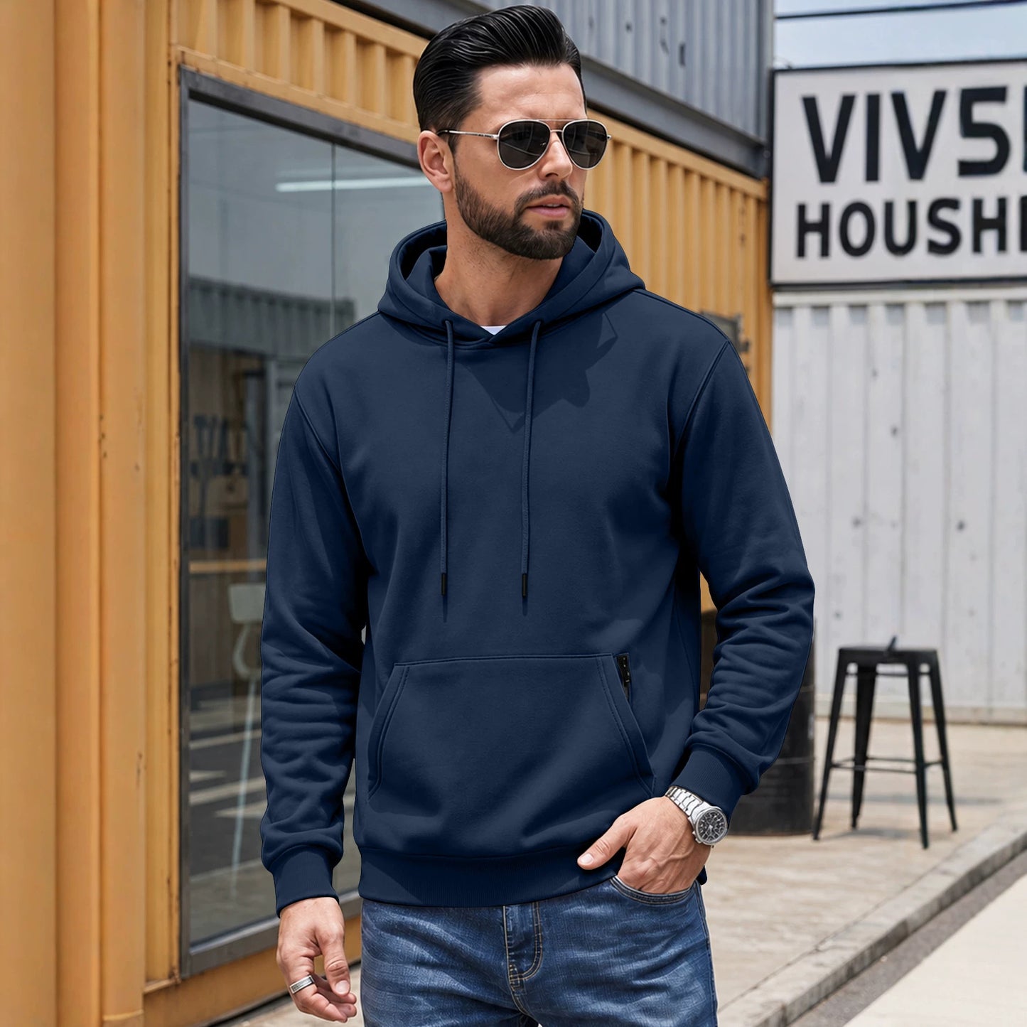 Men's Standard Weight Comfort Fit Hoodie - Solid Color with Kangaroo & Hidden Zipper Pockets
