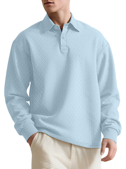Autumn Essential Men's Jacquard Polo - Oversized Solid Color Quarter Button Long Sleeve