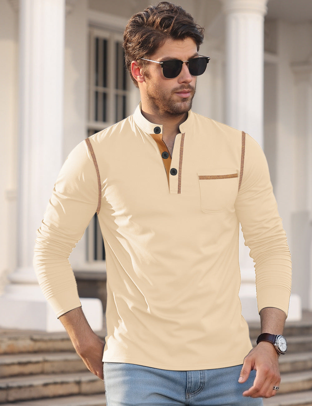 Men's Long Sleeve Henley with Contrast Trim