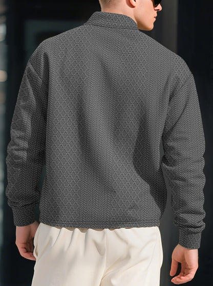 Autumn Essential Men's Jacquard Polo - Oversized Solid Color Quarter Button Long Sleeve