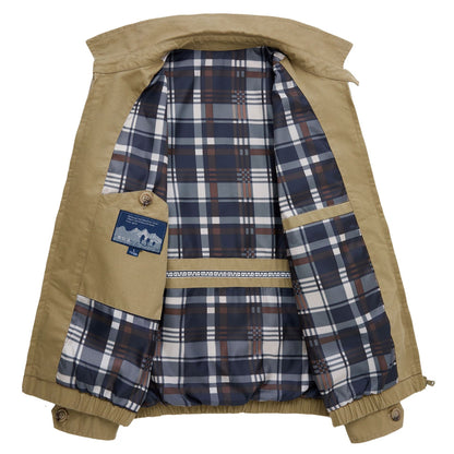 Men's Cotton Utility Jacket Spring & Fall Casual Solid Color Loose Fit Workwear Style Coat with Plaid Lining