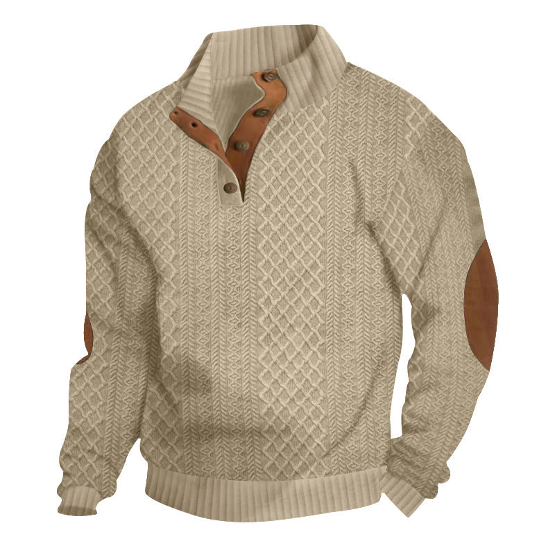 Men's Quarter-Zip Jacquard Sweater - Long Sleeve Mock Neck Pullover with Elbow Patches
