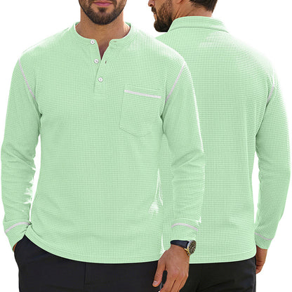 Men's Waffle-Knit Henley Long Sleeve Shirt - Casual Slim Fit Tops with Contrast Trim