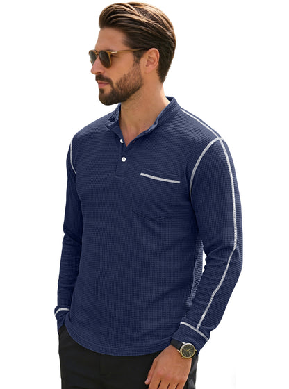 Men's Waffle-Knit Henley Long Sleeve Shirt - Casual Slim Fit Tops with Contrast Trim