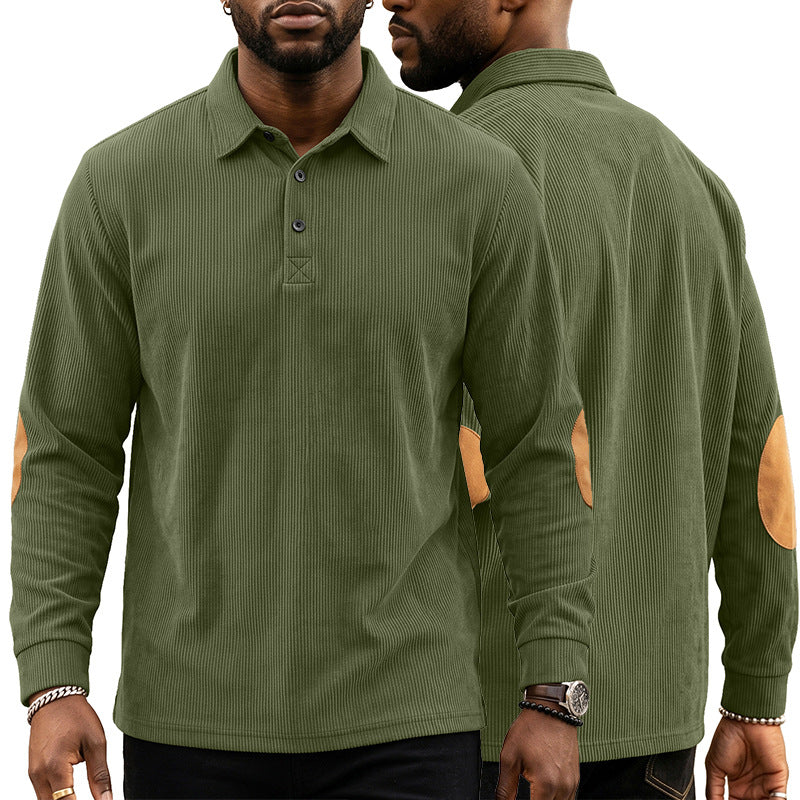 Men's Corduroy Quarter Placket Pullover – Leather Elbow Patches for Spring & Fall