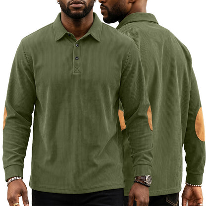 Men's Corduroy Quarter Placket Pullover – Leather Elbow Patches for Spring & Fall