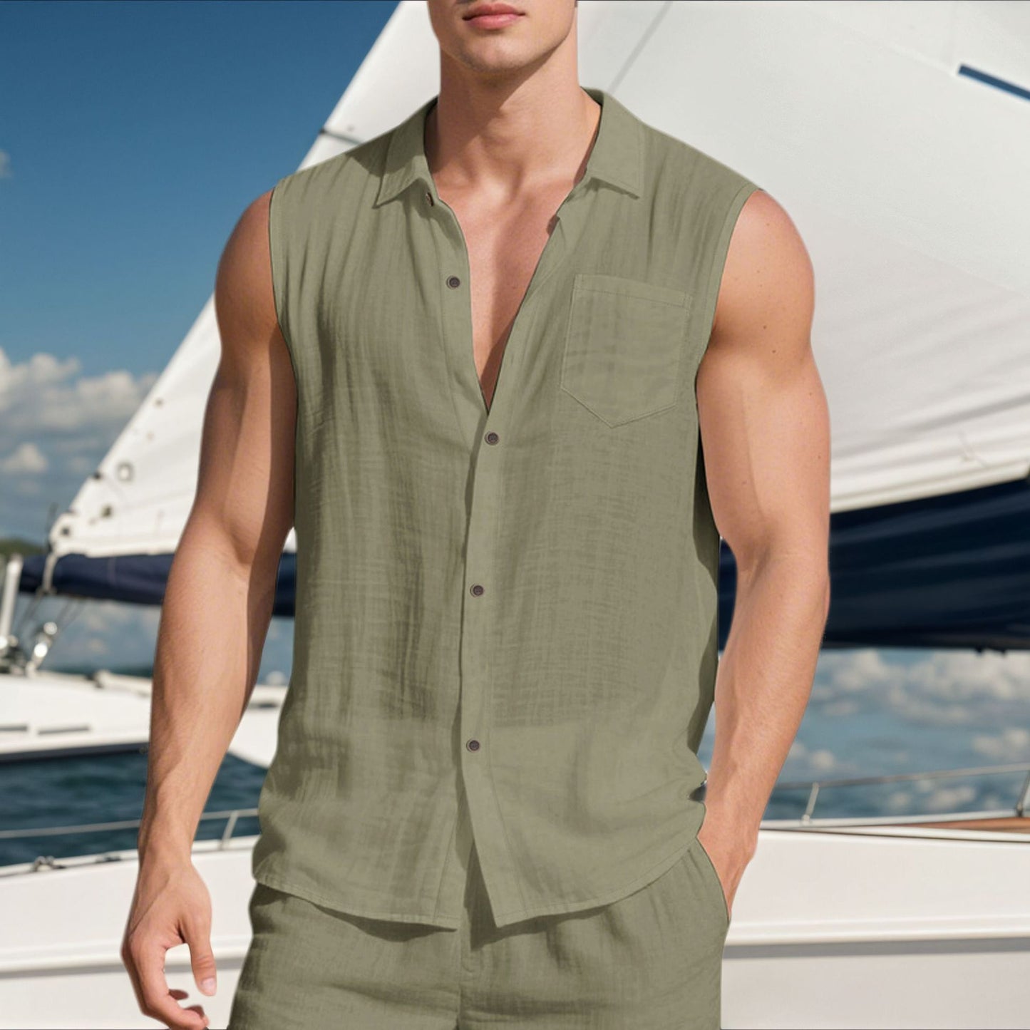 Men's Summer Trendy Linen Sleeveless Button Down Shirt