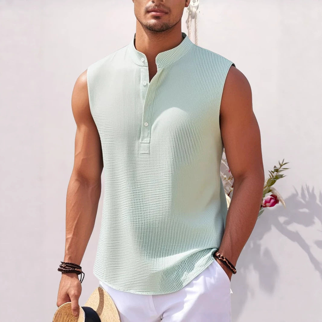 Men's Sleeveless Stand Collar Henley Shirt, Casual Tank Top