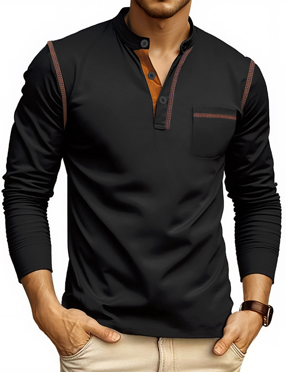 Men's Long Sleeve Henley with Contrast Trim