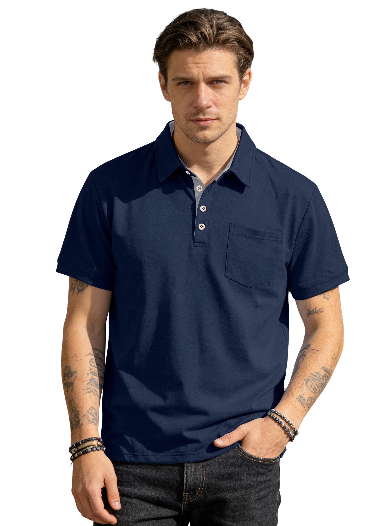 Men's Summer Spring Pocket Polo Shirt, Solid Color Short Sleeve Relaxed Fit Casual Business Top