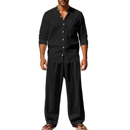 Men's Linen Blend 2-Piece Outfit, Stand Collar Roll-Up Sleeve Shirt & Wide Leg Pants Casual Set