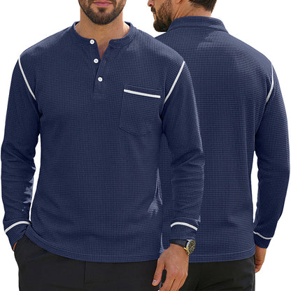 Men's Waffle-Knit Henley Long Sleeve Shirt - Casual Slim Fit Tops with Contrast Trim