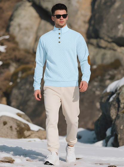 Men's Quarter-Zip Jacquard Sweater - Long Sleeve Mock Neck Pullover with Elbow Patches