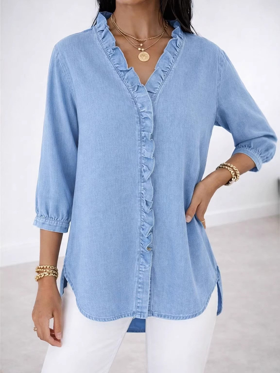 Women's Ruffle V-Neck Chambray-Look Blouse, 3/4 Sleeve Casual Denim-Style Shirt with High-Low Hem