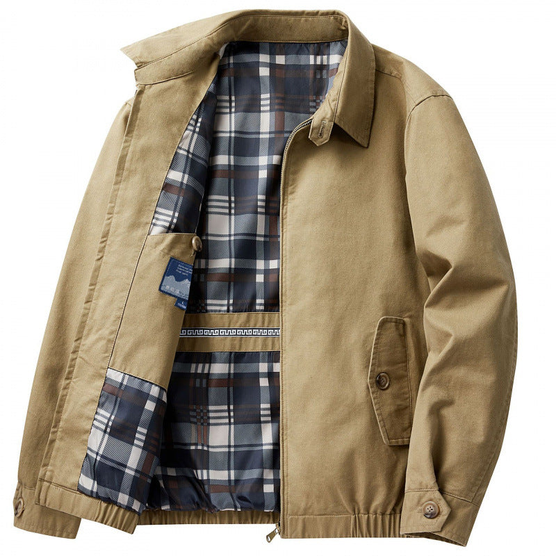 Men's Cotton Utility Jacket Spring & Fall Casual Solid Color Loose Fit Workwear Style Coat with Plaid Lining
