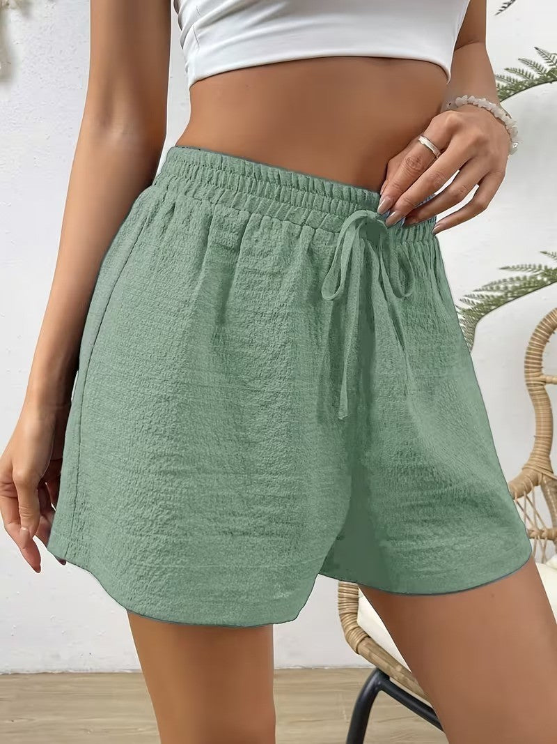 Women's Elastic Waist Casual Shorts - Summer Lightweight Breathable Solid Color, Faux Drawstring, Relaxed Fit Soft Lounge Outdoor Wear