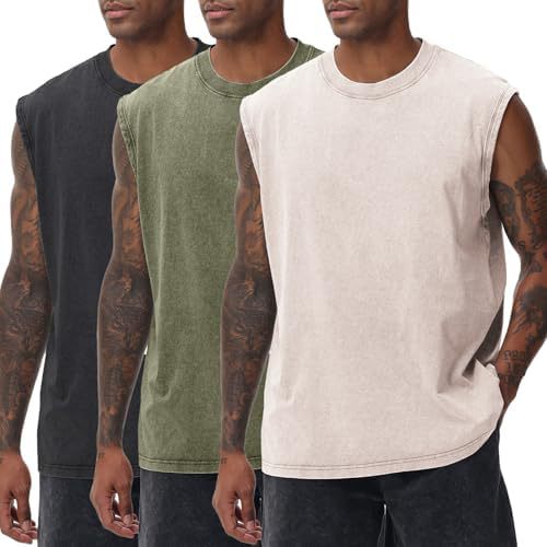 Men’s 100% Cotton Washed Vintage Sleeveless Tank Top - Casual Distressed Crew Neck Muscle Shirt
