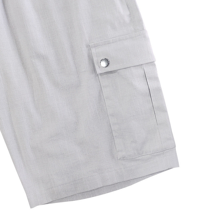 Men Linen Elastic Waist Casual Cargo Shorts