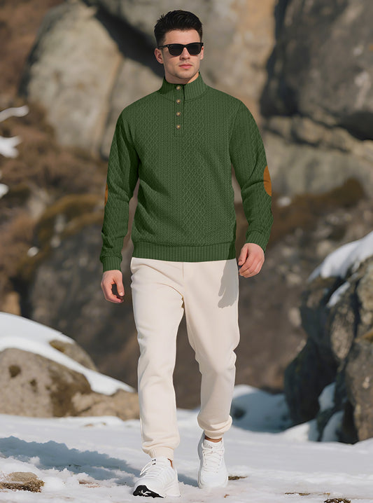 Men's Quarter-Zip Jacquard Sweater - Long Sleeve Mock Neck Pullover with Elbow Patches