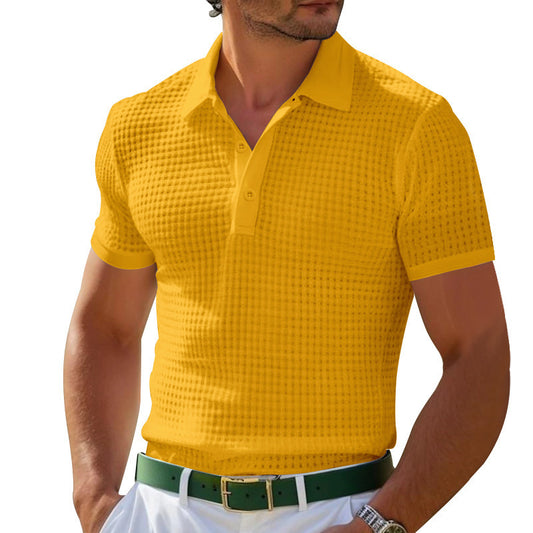 Men's Waffle-Knit Polo Shirt - Summer Short Sleeve Breathable Casual Golf T-Shirt