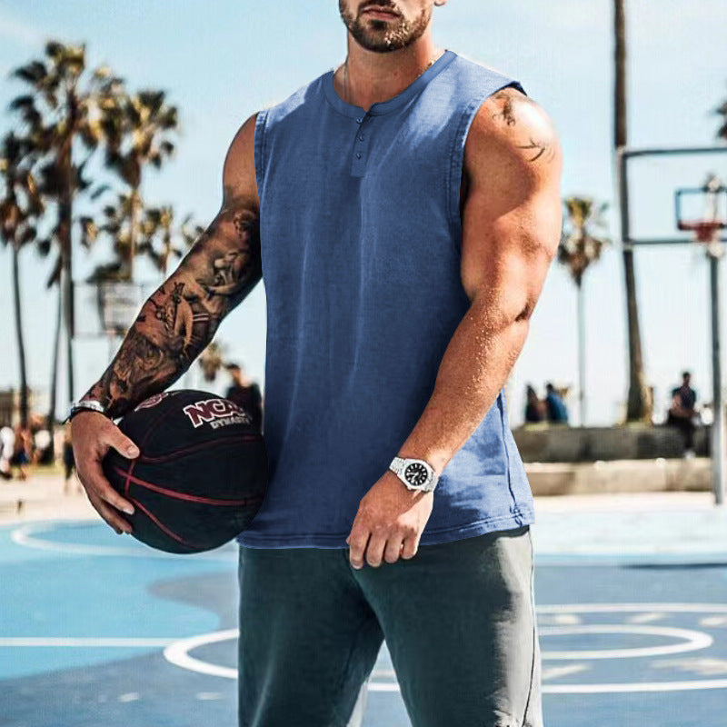 Men Henley Sleeveless Tank Top Quick Dry Gym Workout Shirt