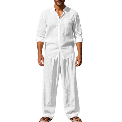 Men's Linen Blend 2-Piece Outfit, Stand Collar Roll-Up Sleeve Shirt & Wide Leg Pants Casual Set