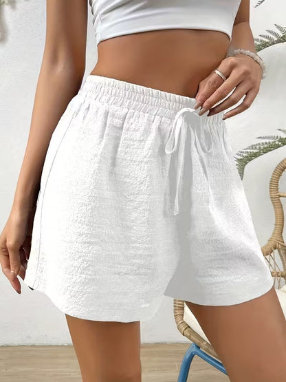 Women's Elastic Waist Casual Shorts - Summer Lightweight Breathable Solid Color, Faux Drawstring, Relaxed Fit Soft Lounge Outdoor Wear