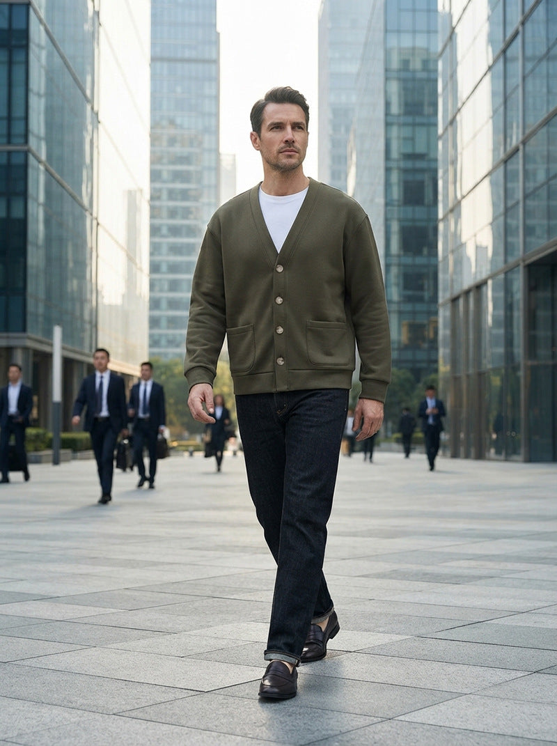 Men's Brushed Fleece V-Neck Cardigan Sweater